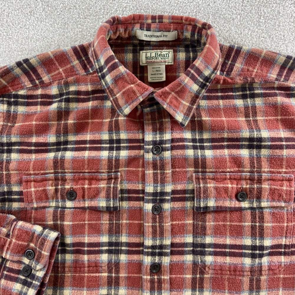 LL Bean Chamois Cloth Shirt Mens L Red Plaid Traditional Fit Heavy Cotton